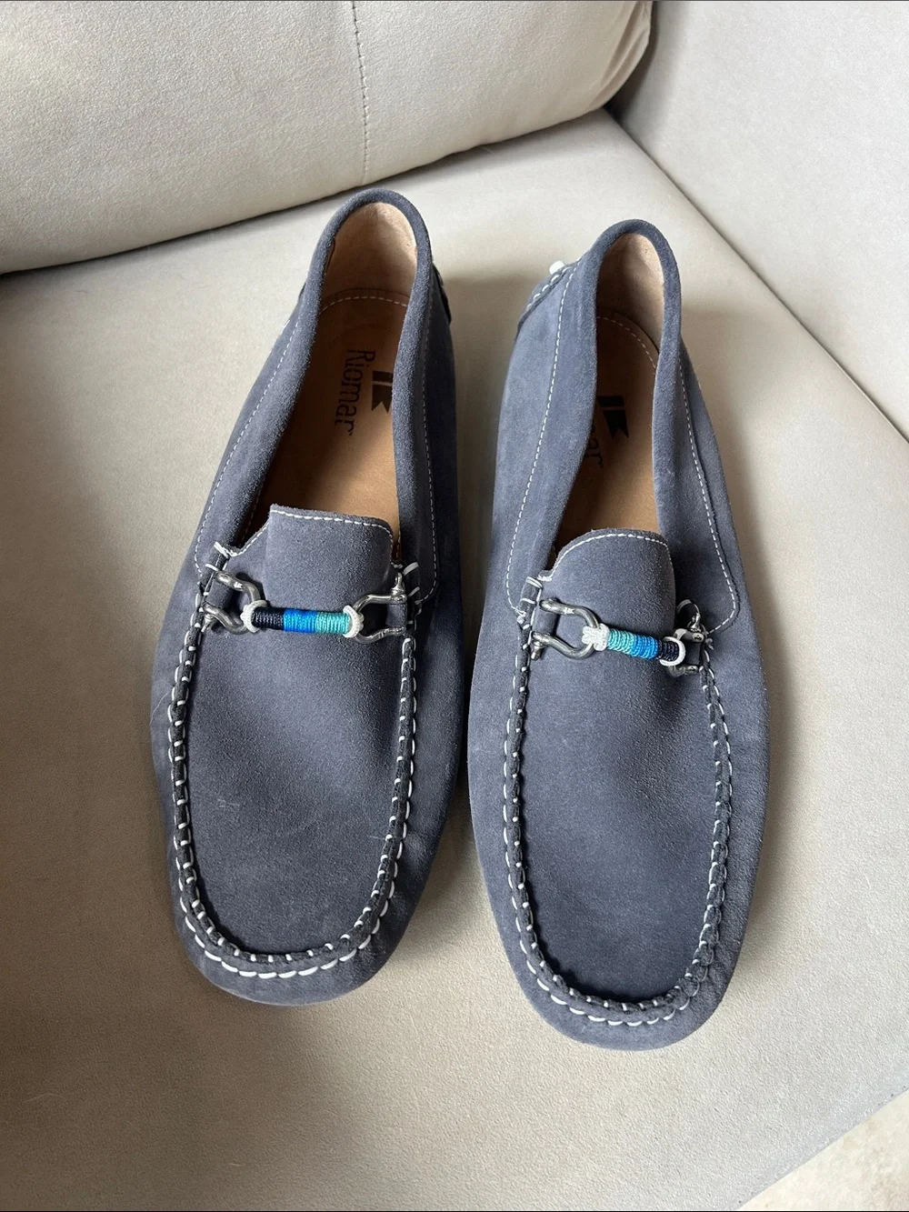 Riomar Men's Suede nautical Loafers in Slate Gray with Blue Accent